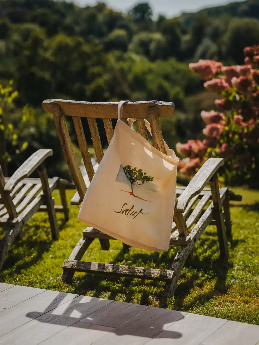 Ein Holzstuhl an dem eine Baumwolltasche hängt