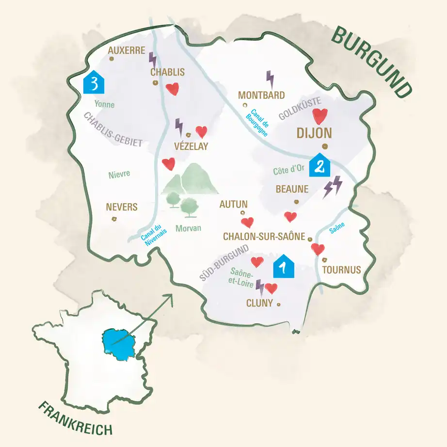 Burgund Karte schönste Reiseziele