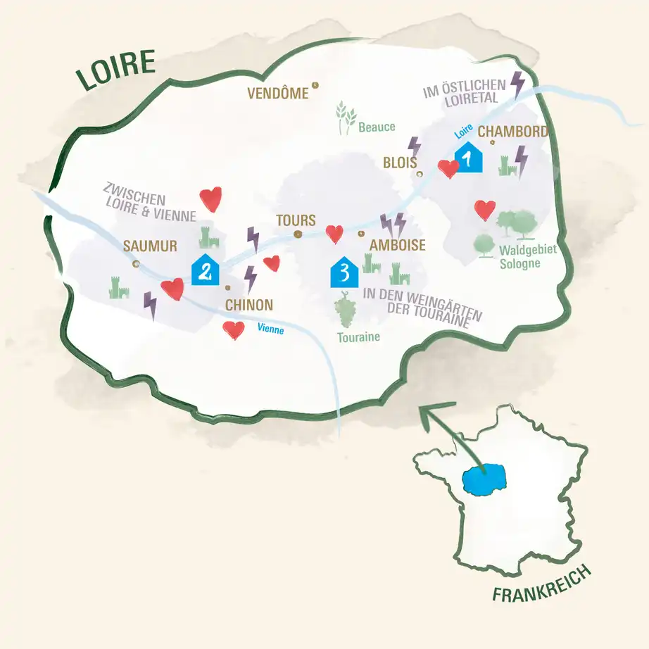 Loire Karte mit Reisezielen