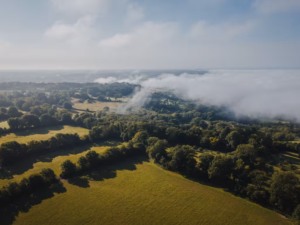 Drohnenaufnahme der Landschaft in der Normandie mit Feldern und Bäumen