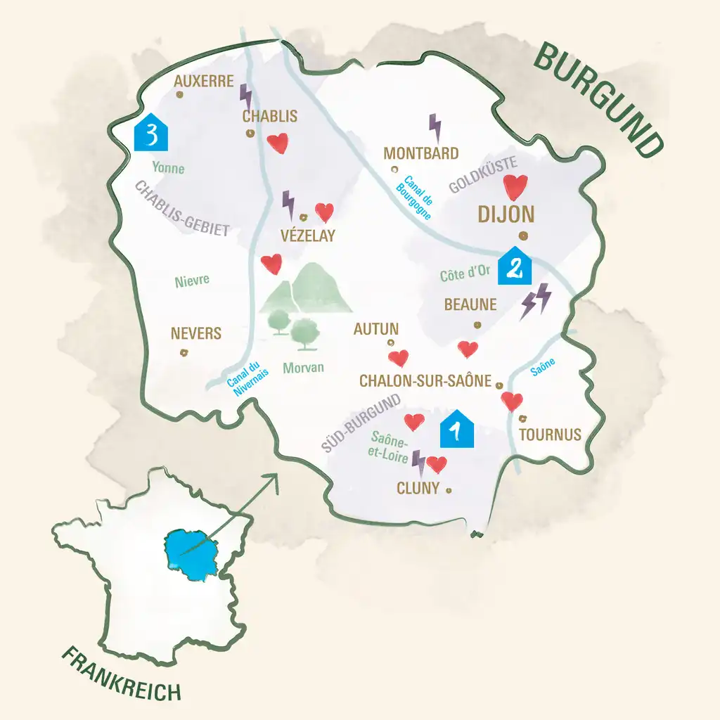 Burgund Karte schönste Reiseziele