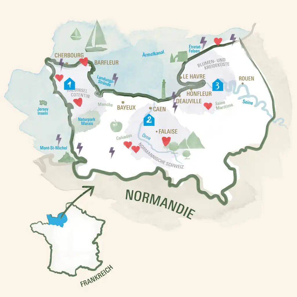 Normandiekarten mit Reisezielen und Frankreichkarte