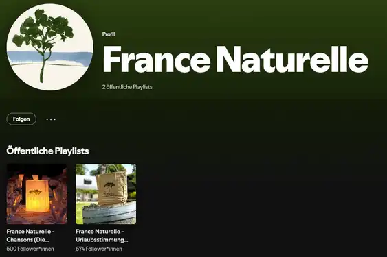 Hier ist das Profil von France Naturelle auf Spotify mit verschiedenen Playlists zu sehen