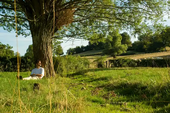 Thomas sitzt auf einer Wiese an einem Baum angelehnt im Burgund
