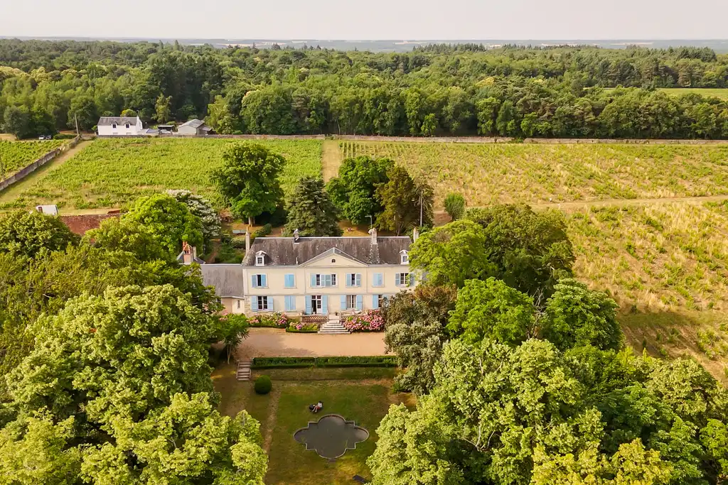 Ein Herrenhaus inmitten von Weinreben aus der Luft fotografiert