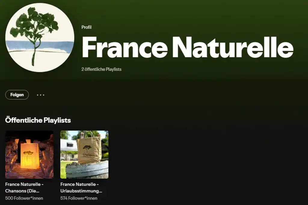 Hier ist das Profil von France Naturelle auf Spotify mit verschiedenen Playlists zu sehen