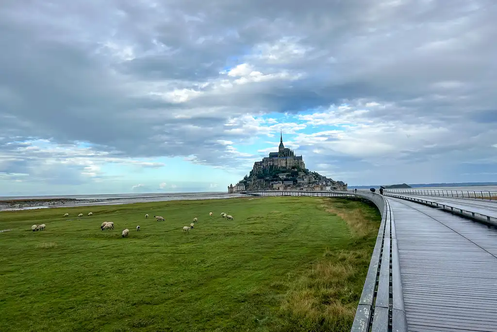 Die Brücke die zu Mont-Saint-Michel führt über eine Wiese auf der Schafe grasen