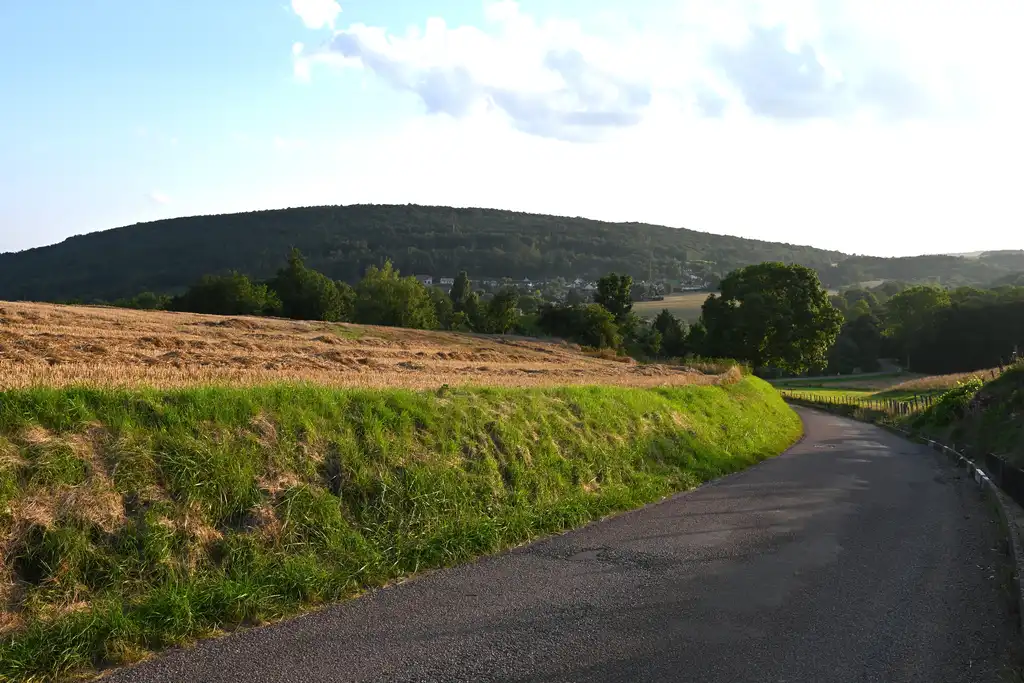 Eine Landstraße entlang eines Feldes mit einem Hügel im Hintergrund