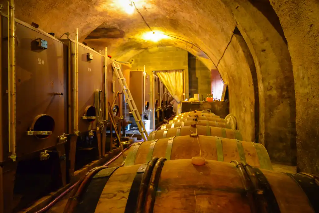 Weinfässer in einem Gewölbekeller im Burgund
