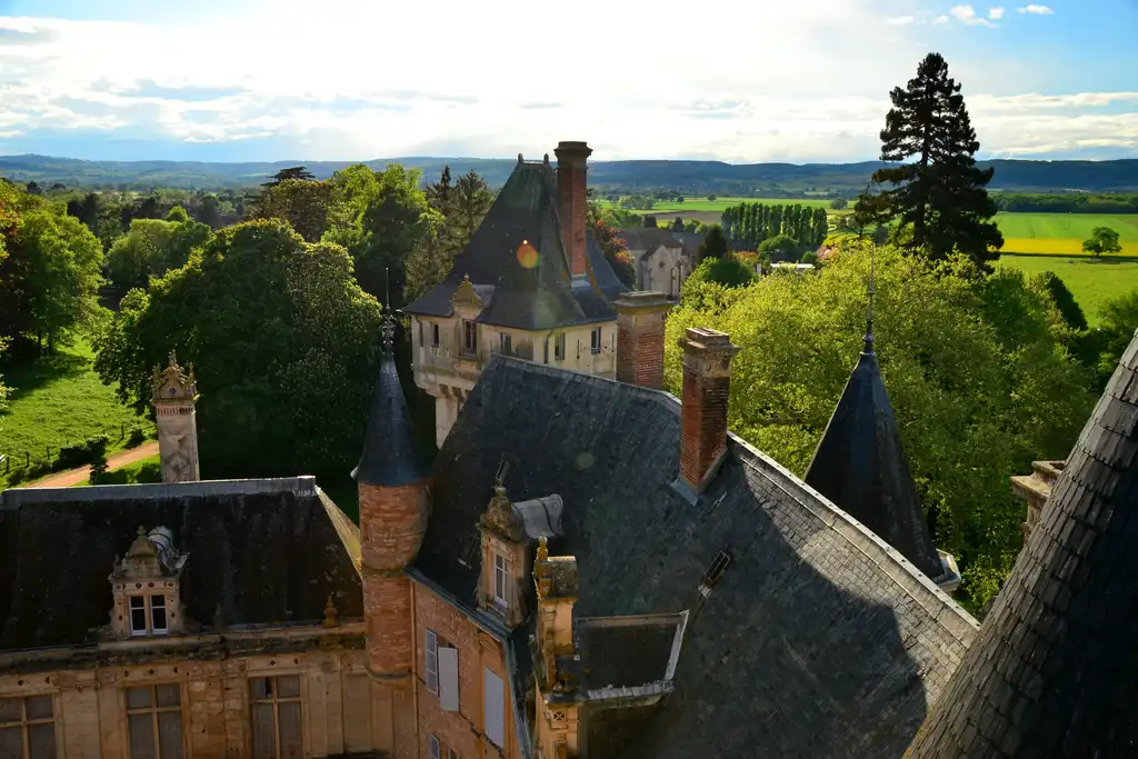 Das Dach des Schlosses im Burgund mit der schönen Landschaft im Hintergrund