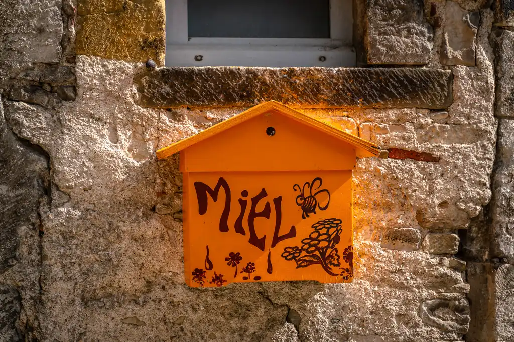 Ein Ein orangener Briefkasten mit einer Biene und Blumen darauf der an einer Hauswand im Burgund hängt