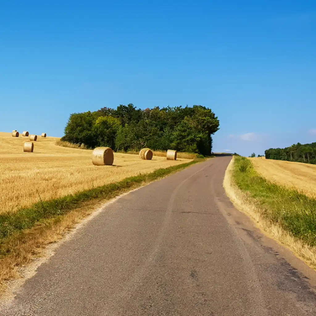 Eine Straße mit Kornfeldern zu beiden Seiten