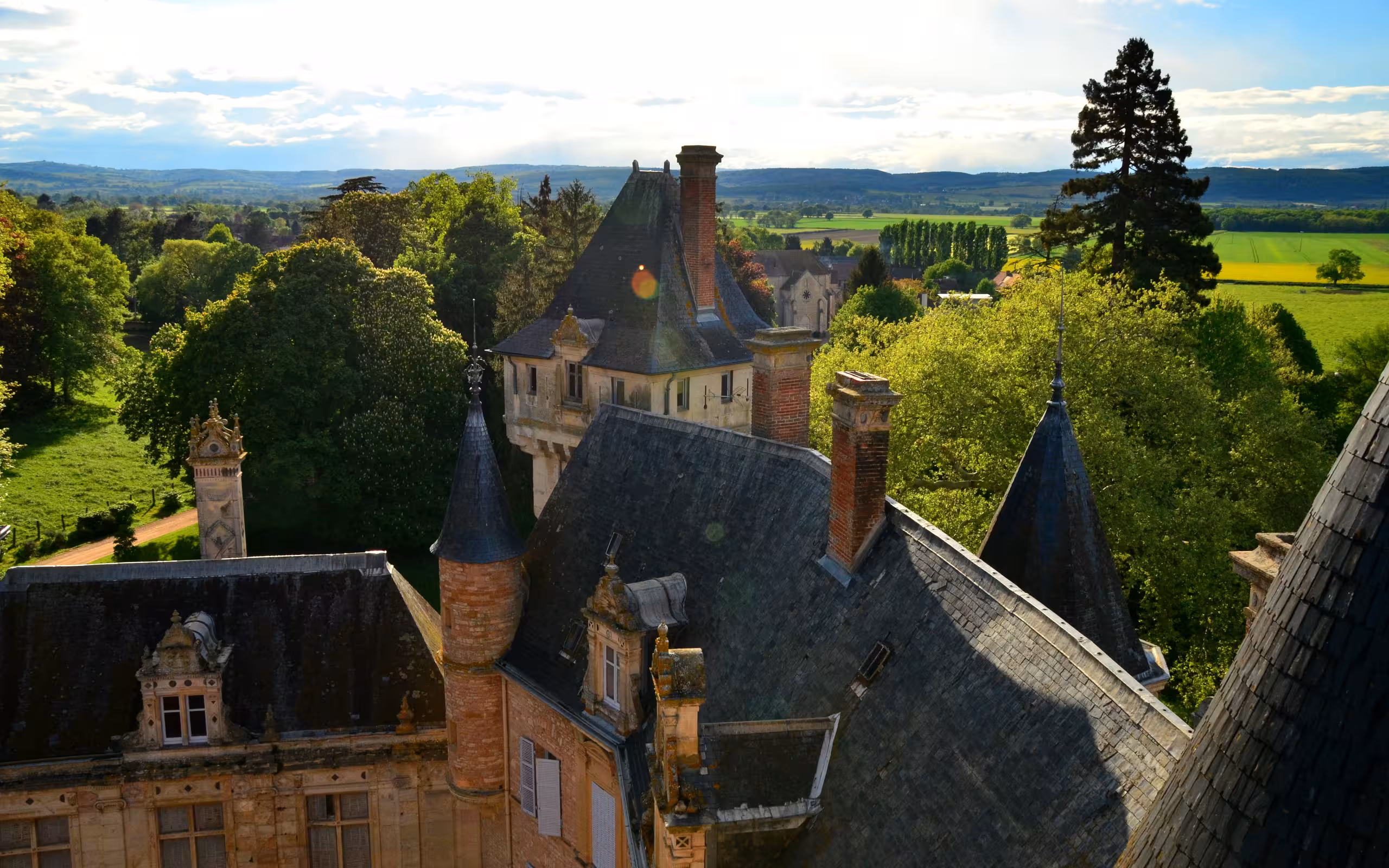 Das Dach des Schlosses im Burgund mit der schönen Landschaft im Hintergrund