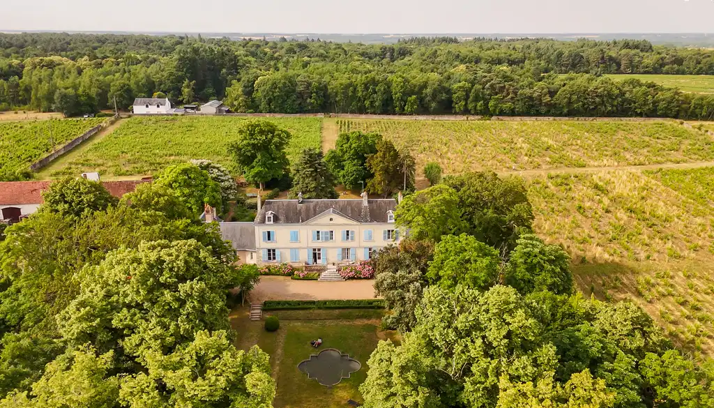 Ein Herrenhaus inmitten von Weinreben aus der Luft fotografiert